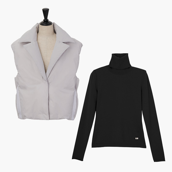 Down Vest "Feather Luxe" (Light Gray) & Washable Audrey High Neck (Black Black)