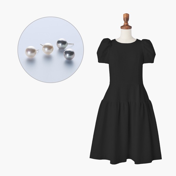 Cocoon Sleeve Dress (Black) & 知的上品パールピアス2色セット