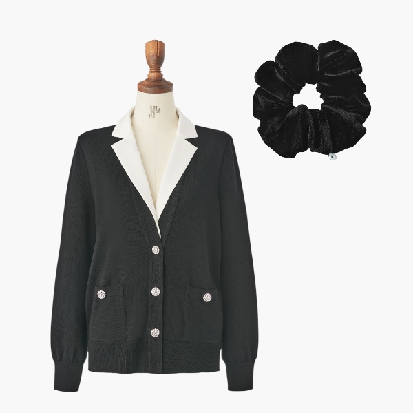 カーディガン "クワイエット・ラグジュアリー" (Black Black) & DAISY VELOUR Chou Chou Elegant Size DLロゴシェル (Velvet Black)