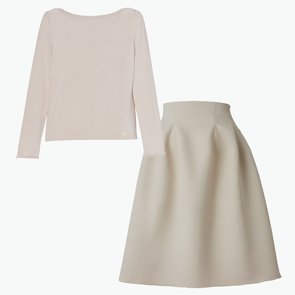 しっとりウール "Prima Knit Top" (Powder Beige)&High-Hip Skirt II (Light Beige)