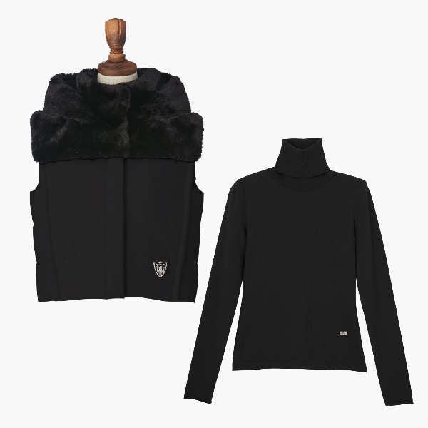 Love Fur Down Vest "Madison" (Black Black)  & Washable Audrey High Neck (Black Black)