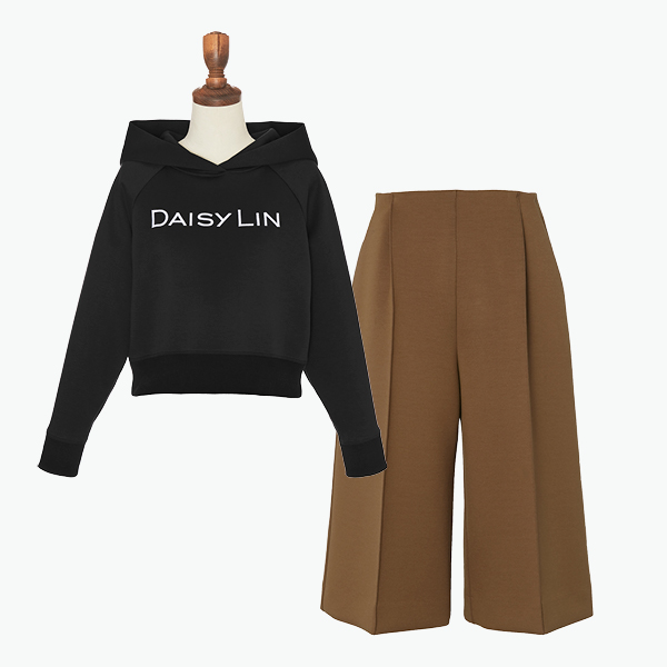 DL Stylish Parka (Black Black)&ミルフィーユ スウェット Elegant Jersey Pants(Caramel Brown)